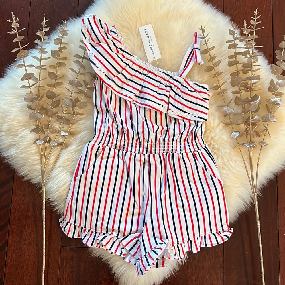NWT Janie and Jack red white blue striped shorts romper girls with pockets!